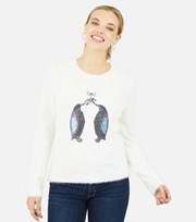 Mela Cream Sequin Embellished Penguin Fluffy Knit Jumper
